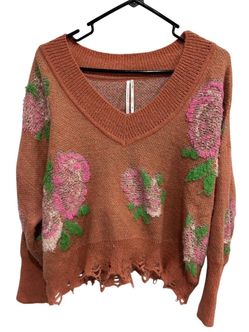 Anthropologie Medium Rust Orange Floral Distressed Crop V-Neck Knit Sweater Boho